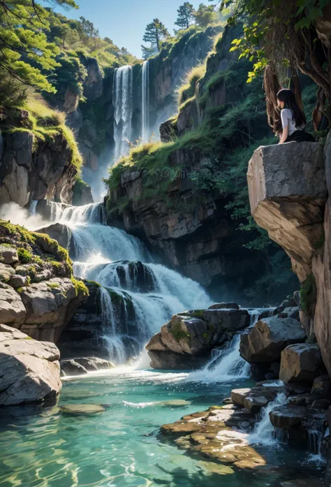 masterpiece, a chaotic waterfall with clear water in a quiet and beautiful landscape_realistic stock photos:1.2, 광선 추적 detail, c...