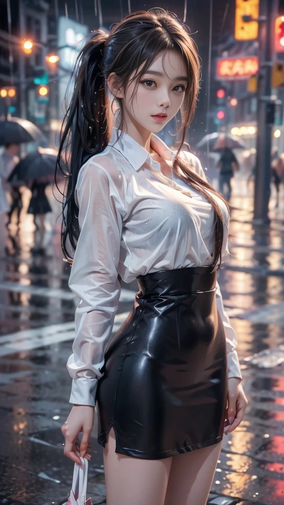 ulzzang-6500-v1.1, (RAW photo: 1.2), (Real photo), (Real photo: 1.4), 1 girl、Perfect anatomy、1、Looking at the camera、Medium length hair, pigtails on both sides, Wet hair in the rain, soaked clothes, no umbrella, walking on the street, ((on the street without a single person, in the rain under the cold night sky: 1.2)), (Wet clothes: 1.2), (Business service)、Asian eyes Ella,