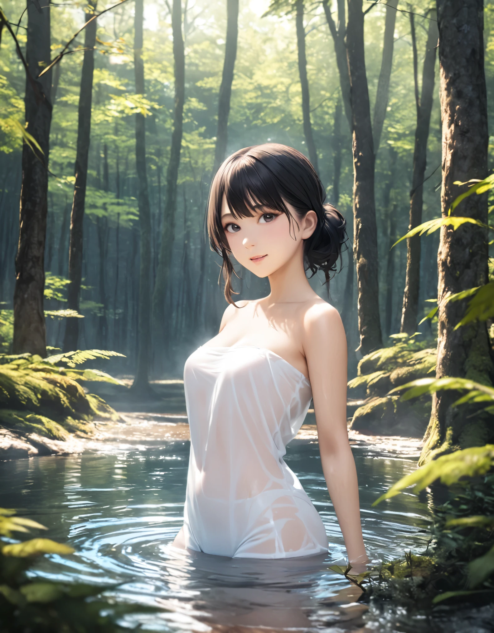 (best quality:1.2), 1girl, beech forest, lake, bathing, cowboy shot