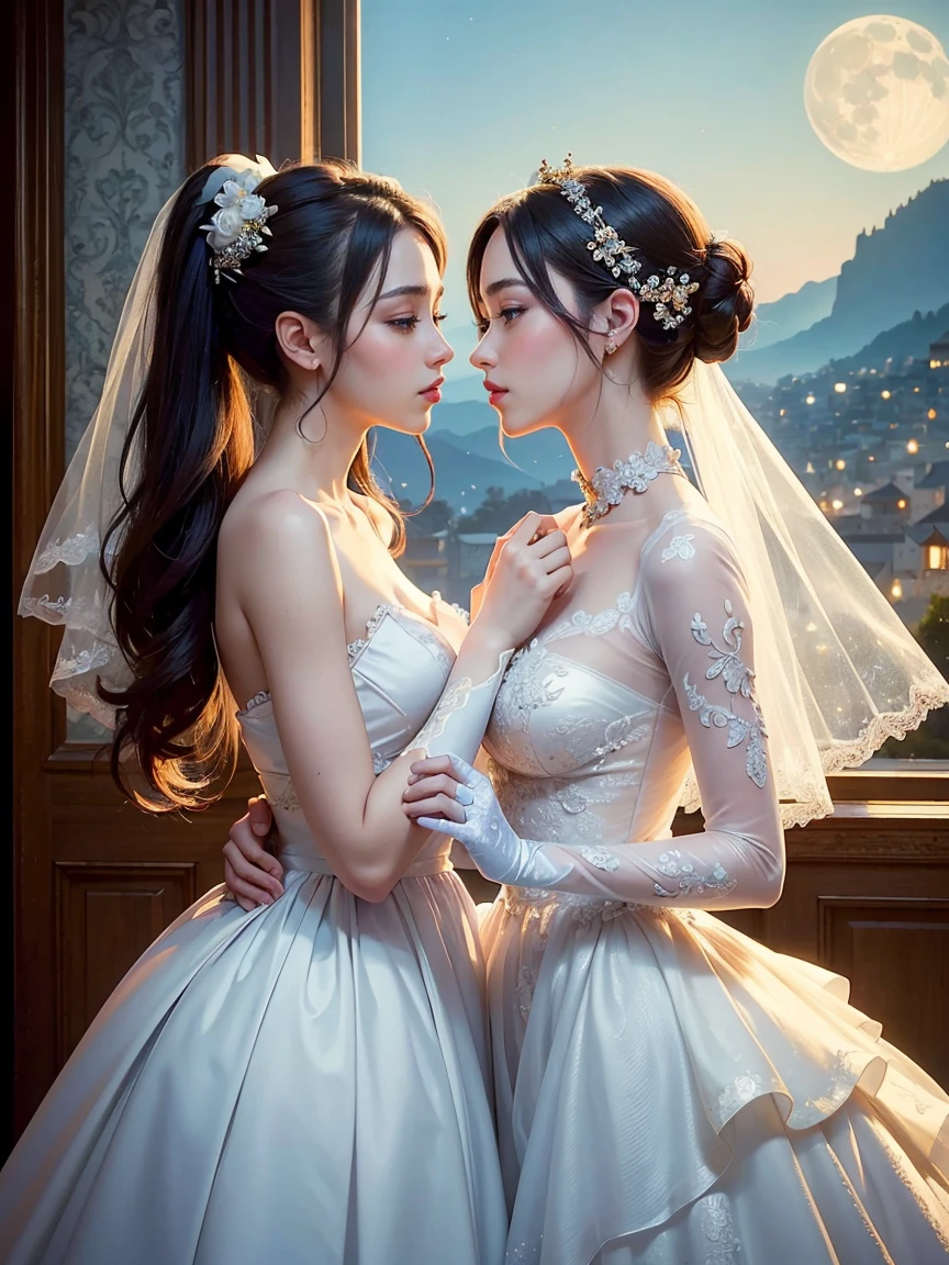 (masterpiece, highest quality, official art, beauty and aesthetic:1.5), perfect anatomy, perfect hands, two stunning bride is deeply in love with each other, kiss, romantic atmosphere, flower and moon, magnificent panorama view