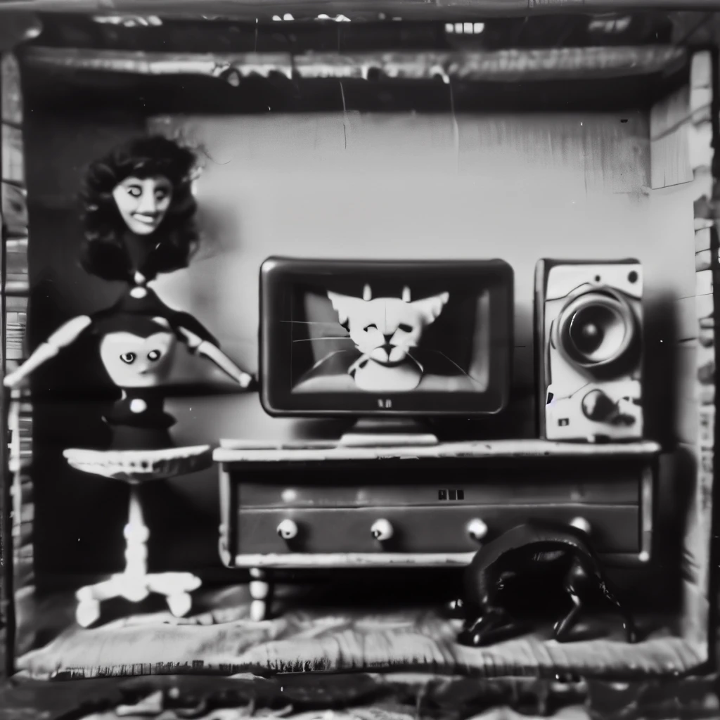 １９５０TV puppet shows from the 1960s、Monochrome、CRT TV screen、Black cat on the roof