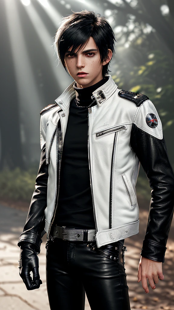 Final fantasy taste and reality graphics, ((Japanese young cute and cool ikemen  boy)), his age is early 20s, thin eyebrows and beady eyes,  (((he wearing off white color single-brest leather jacket and with epaulet))), ((leather jacket is close all zippers)) , ((jacket collar is high length)), ((jacket is stand-up collar with belts)),((jacket is single-brest and  simple design)), ((also wearing black thick turtleneck polyester shirts)), put on tight black leather pants, (((put on black leather glove))),(((covers full finger))), black leather knee-high raceup boots, head-to-toe,whole body,,((boy is outdoors in midsummer)),((hair is black)),((boy clothes felt too hot)),((boy is very sweating)),((boy be exposed in the strong sunlight))