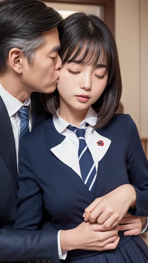 ((masterpiece, highest quality, high resolution)), a japanese high school girl and her father in his 40s share a passionate kiss...