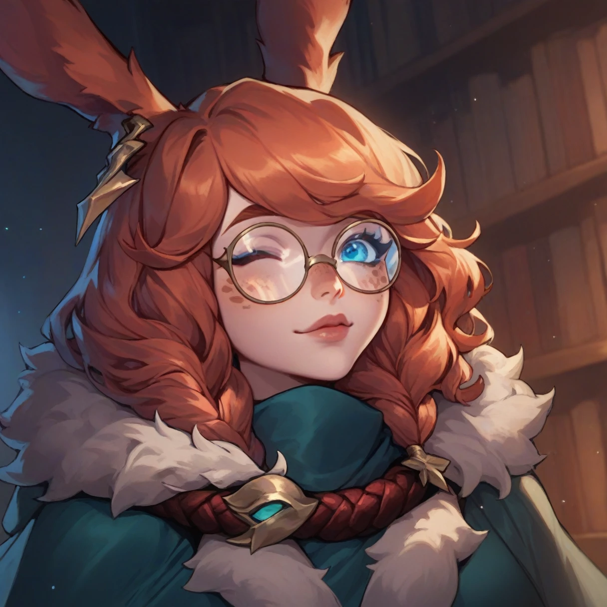 score_9, score_8_up, score_7_up, aurora (league of legends), 1girl, blue eyes, bunny ears, freckles, bangs, braid, green cape, fur trim, hood down, library, round glasses, earrings, wink eye, orange hair, short and wavy