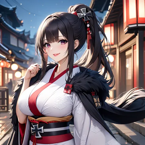 a woman wearing a white yukata with red details, wearing a black fur cape, long cape, long-sleeved yukata, ponytail hair, long h...