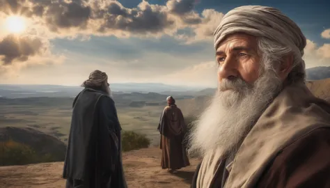 2 old prophets, long white beard, no profile, dark landscape, biblicalphotorealistic, 8k, super detaill, precise, best qualityer...