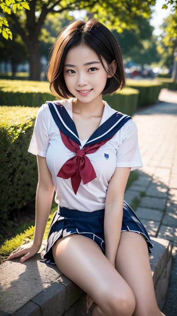 Pure Asian young school girl, no makeup, natural short hair style, sexual attractive, natural body, shiny white skin, wearing summer sailor uniforms, rough loose chest, sweet smile, sweet temptation, soft summer sunlight, nobody’s park, professional pin-up portrait photography