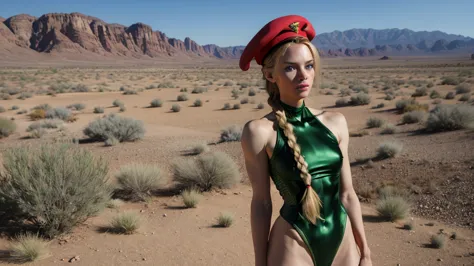 photo of cammyst in the desert, with her long blonde hair, blue eyes, and a green leotard, standing confidently while wearing a ...