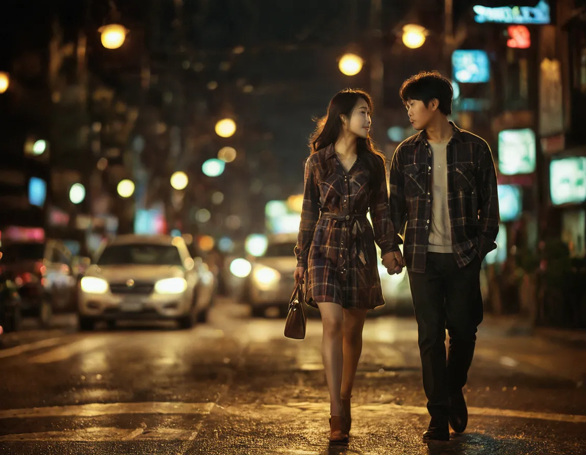 rompts
copy
a striking, ultra-detailed image of a young korean couple strolling hand-in-hand on a bustling night street. the man...