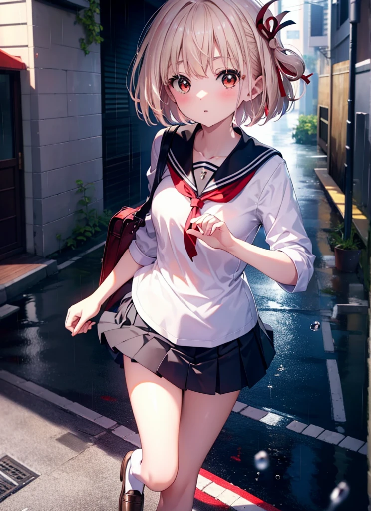 Nishikigi chisato, short hair, bangs, Blonde, (Red eyes:1.5), Hair Ribbon, One side up, Bobcut,smile,blush,Open your mouth,Black Sailor Suit,Black pleated mini skirt,Black pantyhose,Brown Loafers,walk,On the way to school,Holding the umbrella grip with both hands,rain,Cloudy,Wet road surface,whole bodyがイラストの中に入っていくように,
break outdoors, Residential Street,
break looking at viewer, whole body,
break (masterpiece:1.2), Highest quality, High resolution, unity 8k wallpaper, (shape:0.8), (Fine and beautiful eyes:1.6), Highly detailed face, Perfect lighting, Highly detailed CG, (Perfect hands, Perfect Anatomy),