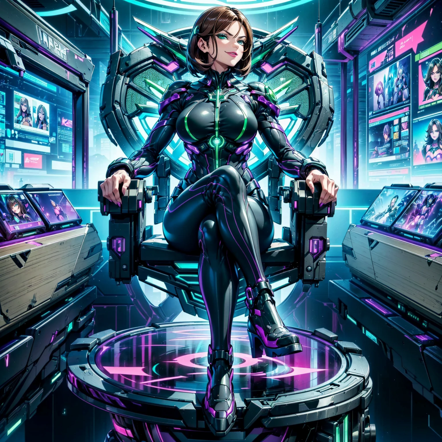 masterpiece, highest quality, (solo focus), (perfect face:1.1), (full body), (high detail:1.1), (hyper detailed eyes), ((1girl, dramatic, bright green eyes, solo, arrogant expression)), ((neon purple cybernetic outfit, mature face, milf face, adult body, green emerald eyes, foxy mature eyes, adult milf eyes)), art by artgerm, cinematic lighting, fashion, small chest, extremely detailed face, adult face, extremely detailed eyes, ((long eyelashes, eyeliner, frowned eyebrows, smirk smile, malicious smile, sly smile, closed mouth, full lips, brown hair, straight hair, straight bangs, shoulder length hair, hair cut at her shoulders, medium length hair)), purple clothes, hourglass body, small boobs, small breasts, large hips, thick thighs, big butt, pierced ear, piercing on ears, mature expression, purple neon background, ((fitness, , shapely body, athletic body, toned body)), ((forest in the background, marble balcony, sitting on a throne, sitting cross-legged, legs crossed,  high heels, mischievous, red lipstick, female hacker, computer room, internet, cyber world ))
