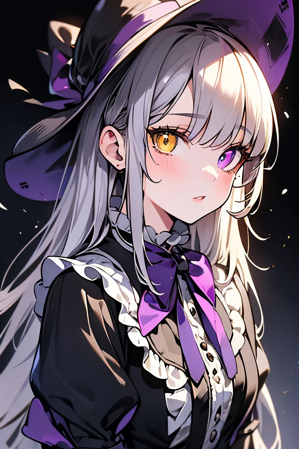 1 girl wearing Victorian dress, Delicate Eyes, delicious lips, (complete heterochromia (a yellow right eye, a purple left eye))