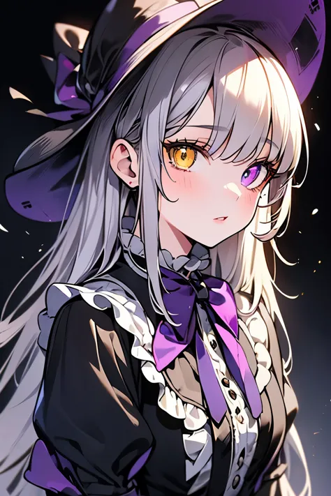 1 girl wearing victorian dress, delicate eyes, delicious lips, (complete heterochromia (a yellow right eye, a purple left eye))