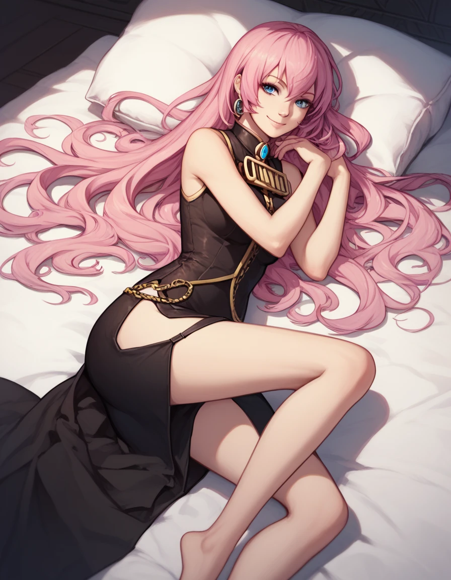 1 girl(cool, luka megurine, pink hair, long hair, straight hair, black headphone, sleeveless black long suit, side slit black long skirt, black long socks, barefoot, smile), Lying on your back, Lie down