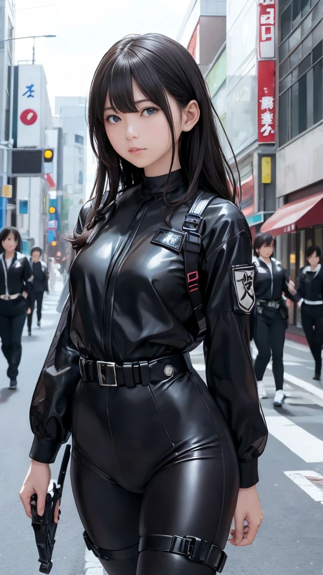 high resolution、High definition、High sensitivity、8k.Japanese、、1、cute、Idol face、Two Side Up Hair、slender、Mid-chest、(black and white high leg bodysuit:1.2)、See-through、Harness Belt、Gun Holder、（POLICE armband:1.3)、Vibrant、（Hold a gun、Firing：1.3）、bustling street、