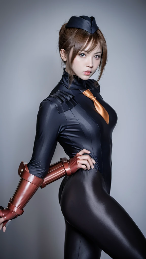 masterpiece, Highest quality,  8k,masterpiece, Highest quality, Very detailed,Iris, Brown Hair,sfJuni, orange hair, short hair, Blue eyes, hat, necktie, gloves, ribbed bodysuit, Large Breasts,  Emotionless, View your viewers,  ((Wide-angle lens)),（Japanese）,（fighting pose）,Spectacular and realistic,（teenager:1.5）, （ Accurate eye focus, Accurate limbs）,(Surrealism),8k,masterpiece, Highest quality, Very detailed,（Real Pantyhose:1.2）,Slender body,Bodyline,（Wearing riding boots）,（White Background:1.2）,
Super tight costume,bangs、
(Highest quality:1.3),
RAW Photos,,
High resolution, 
Perfect detail, 
Professional photography, 
Professional Lighting,
Powerful lighting for costumes,attractive whole body image、Cinema Lighting、Ray Tracing、Wear a tight-fitting bodysuit、Simple background old、Spandex Bodysuit、whole body、Spandex Costume,Clothes with a shiny texture,