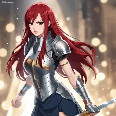 a woman wearing metal armor, wearing a black shirt, navy blue skirt, metal boots, holding a sword, red red hair, long hair, brow...