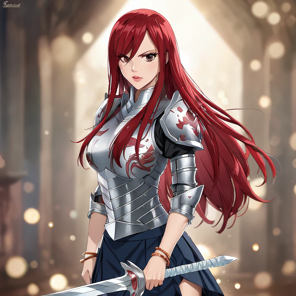 A woman wearing metal armor, wearing a black shirt, navy blue skirt, metal boots, holding a sword, red red hair, long hair, brown eyes, serious face, perfect face, perfect lips, perfect eyes, standing posture, bracelet metal, magic power, Fairy_Tail, Erza_Scarlet.UHD , masterpiece, accurate, anatomically correct, textured skin, super detail, high quality, best quality, 8k, high resolution, bokeh effect.
