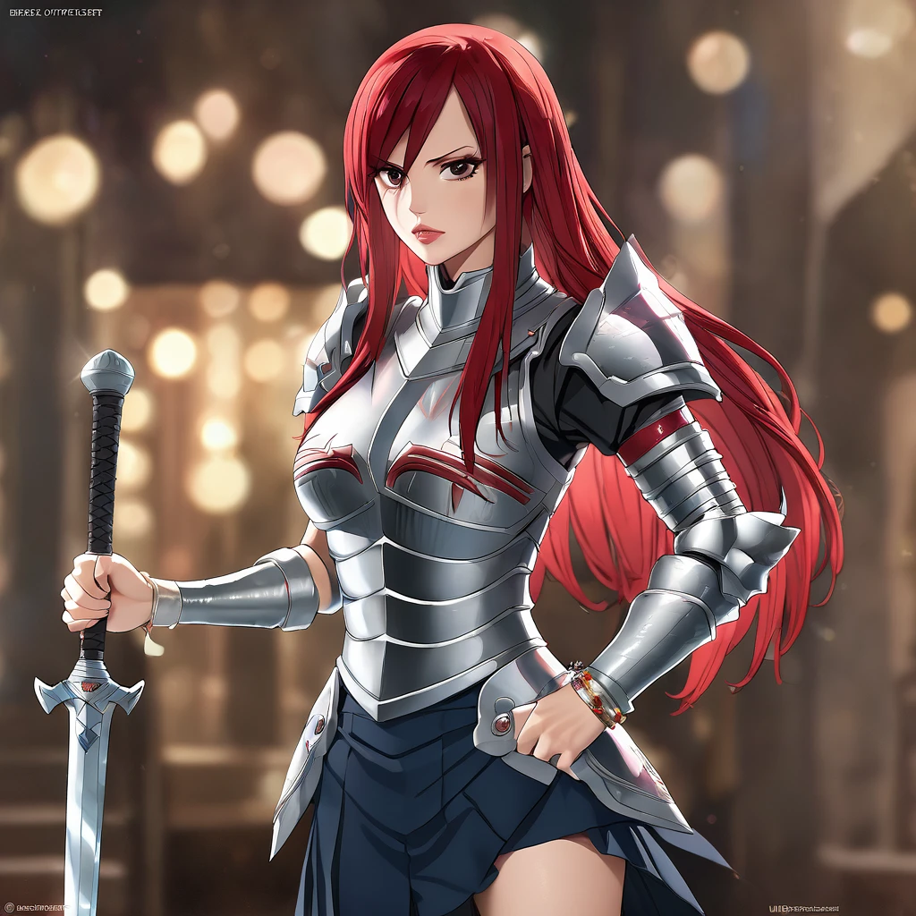 A woman wearing metal armor, wearing a black shirt, navy blue skirt, metal boots, holding a sword, red red hair, long hair, brown eyes, serious face, perfect face, perfect lips, perfect eyes, standing posture, bracelet metal, magic power, Fairy_Tail, Erza_Scarlet.UHD , masterpiece, accurate, anatomically correct, textured skin, super detail, high quality, best quality, 8k, high resolution, bokeh effect.
