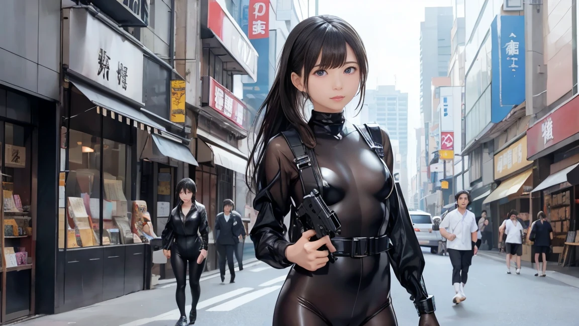 high resolution、High definition、High sensitivity、8k.Japanese、、1、cute、Idol face、Two Side Up Hair、slender、Mid-chest、(black and white high leg bodysuit:1.2)、See-through、Harness Belt、Gun Holder、（POLICE armband:1.3)、Vibrant、（Hold a gun、Firing：1.3）、bustling street、