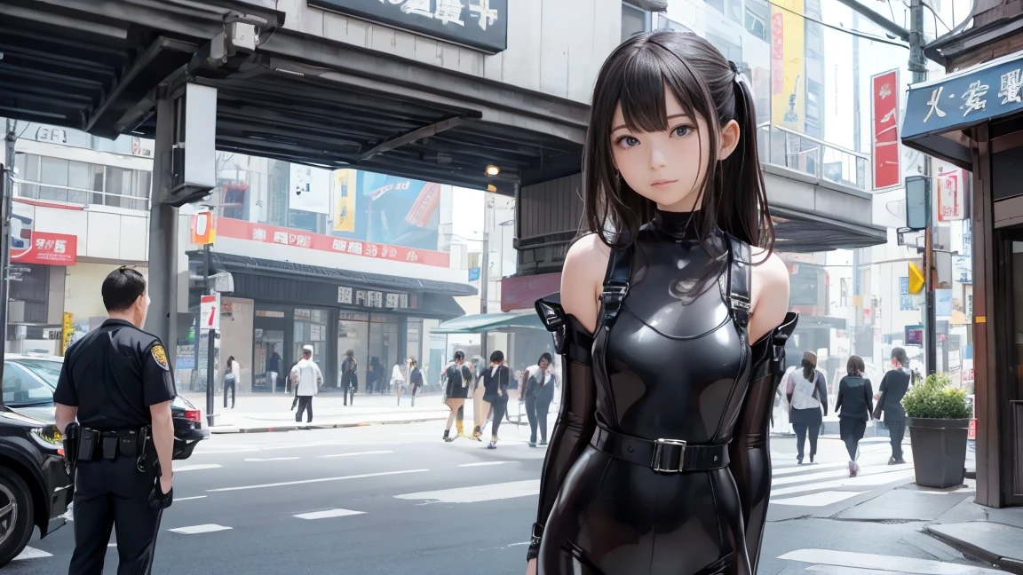 high resolution、High definition、High sensitivity、8k.Japanese、、1、cute、Idol face、Two Side Up Hair、slender、Mid-chest、(black and white high leg bodysuit:1.2)、See-through、Harness Belt、Gun Holder、（POLICE armband:1.3)、Vibrant、（Hold a gun、Firing：1.3）、bustling street、