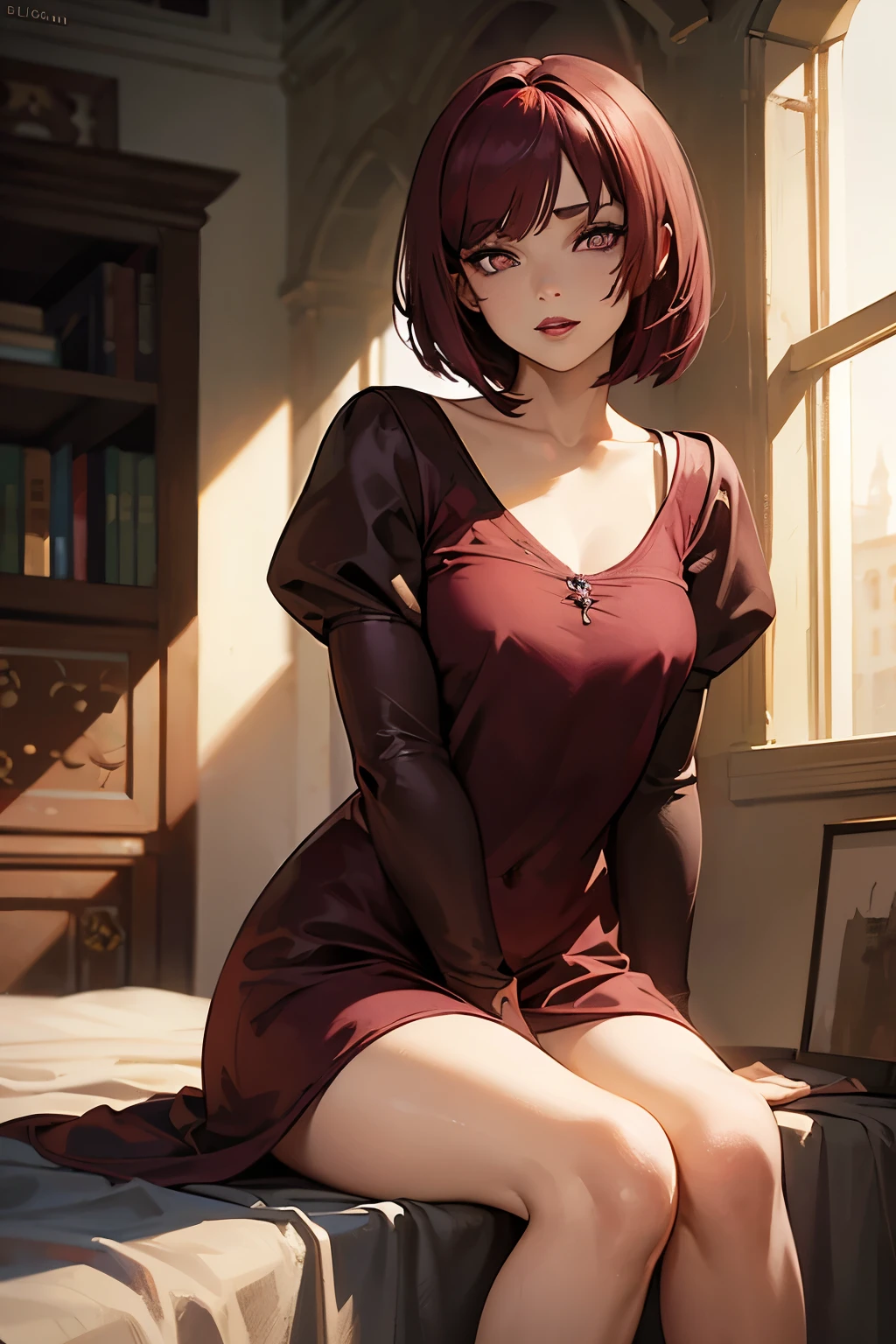 Meek medieval girl, maroon bob haircut, (full lips: 1.2), (sitting in plain bare room: 1.2), plain rough brown tunic, (maroon eyes: 1.7)