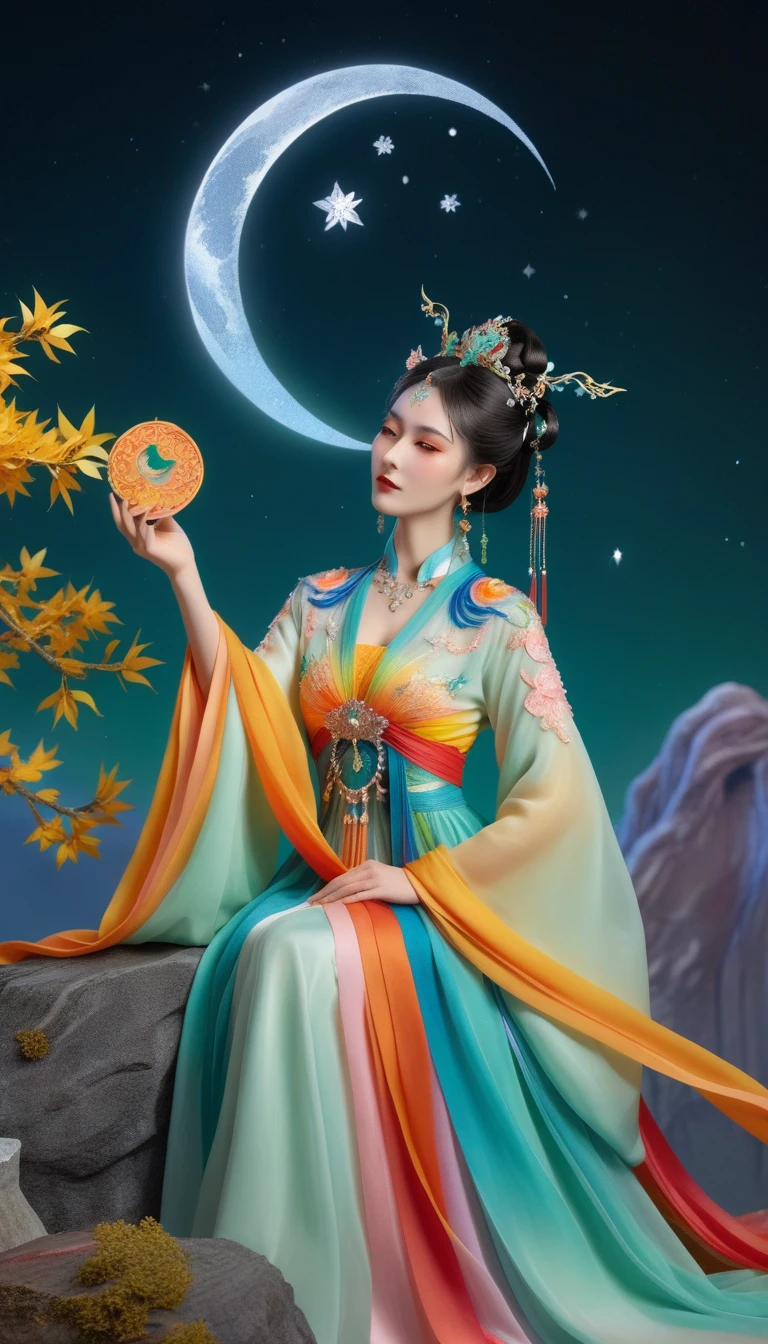 Three-dimensional ancient style, vivid Chinese aesthetics, elegant ancient Chinese fairy, Chang'e holding a mooncake, moon rabbit, starry sky, osmanthus tree, woman in luxurious seven-color rainbow Hanfu on a cliff gazing at the stars, stunning facial features, (full body:1.4), vibrant colors, sparkling attire with glittering stone patterns, shoes of semi-transparent crystal, seven-color gradient fluorescent ribbons, exquisite, light wave, traditional, delicate, perfect composition, ultra HD, crescent earrings, raised eyebrows, phoenix ornament, forehead gemstone, National style, Acrylic, Immortal aura, Mint green tones, Normal perspective, Trend on Artstation