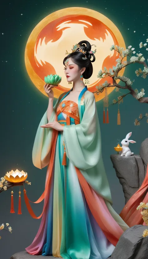 three-dimensional ancient style, vivid chinese aesthetics, elegant ancient chinese fairy, chang'e holding a mooncake, moon rabbi...