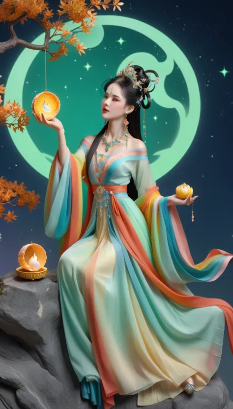 three-dimensional ancient style, vivid chinese aesthetics, elegant ancient chinese fairy, chang'e holding a mooncake, moon rabbi...