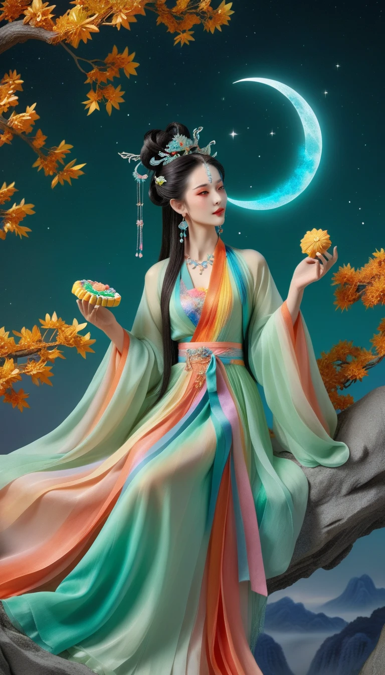 Three-dimensional ancient style, vivid Chinese aesthetics, elegant ancient Chinese fairy, Chang'e holding a mooncake, moon rabbit, starry sky, osmanthus tree, woman in luxurious seven-color rainbow Hanfu on a cliff gazing at the stars, stunning facial features, (full body:1.4), vibrant colors, sparkling attire with glittering stone patterns, shoes of semi-transparent crystal, seven-color gradient fluorescent ribbons, exquisite, light wave, traditional, delicate, perfect composition, ultra HD, crescent earrings, raised eyebrows, phoenix ornament, forehead gemstone, National style, Acrylic, Immortal aura, Mint green tones, Normal perspective, Trend on Artstation