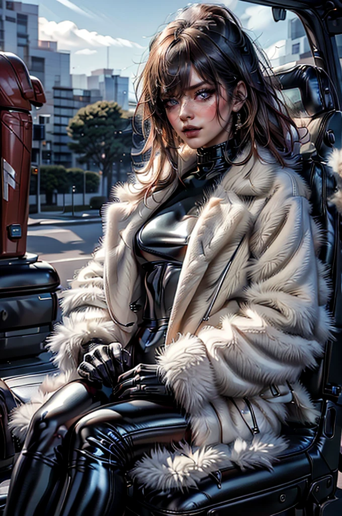 a beautiful young woman with long red hair, wearing a tight black latex outfit, a white fur coat, and sunglasses, (best quality,4k,8k,highres,masterpiece:1.2),ultra-detailed,(realistic,photorealistic,photo-realistic:1.37),detailed face, detailed eyes, detailed lips, long eyelashes, beauty, fashion, portrait, glamorous, elegant, studio lighting, dramatic lighting, high contrast, vivid colors, cinematic,xuer white fur coat,latex outfit