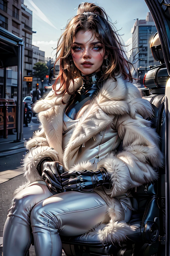 a beautiful young woman with long red hair, wearing a tight black latex outfit, a white fur coat, and sunglasses, (best quality,4k,8k,highres,masterpiece:1.2),ultra-detailed,(realistic,photorealistic,photo-realistic:1.37),detailed face, detailed eyes, detailed lips, long eyelashes, beauty, fashion, portrait, glamorous, elegant, studio lighting, dramatic lighting, high contrast, vivid colors, cinematic,xuer white fur coat,latex outfit