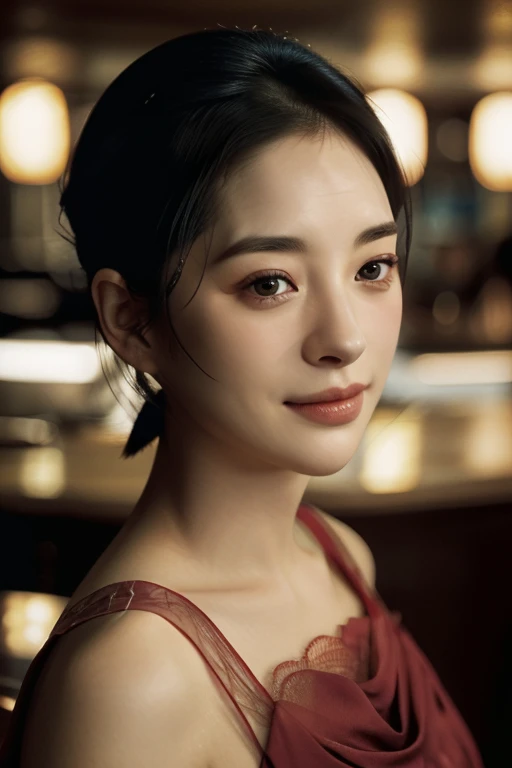 a Close-up portrait of gorgeous smiling cute Japanese woman in a glamorous lacy dress outfit, delicate facial features, porcelain-skinned, ponytail, a fusion of young Marion Cotillard's striking eyes and young Anne Hathaway's introspective gaze, long and slender cute face, curved eyebrows, droopy hooded eyes, lower nasal bridge, slim wavy nose, smiling, thin lips, short pixie cut hair, silhouette, bokeh, lobby bar lounge background,