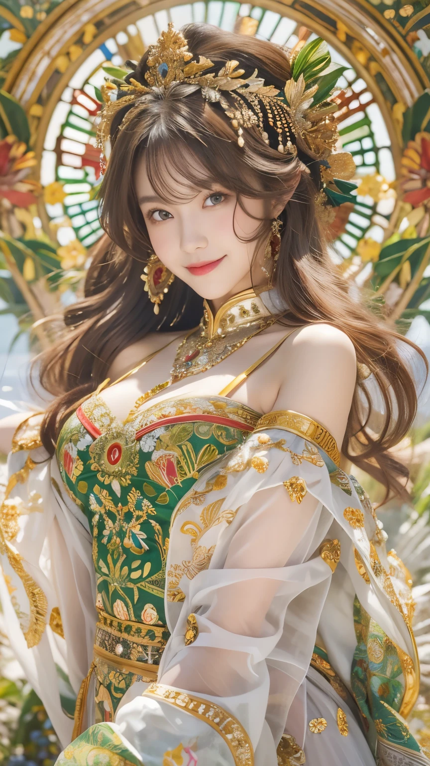  (8k, RAW Photos, Highest quality, masterpiece:1.2、RAW Photos)、女性1 person、1 、(masterpiece),(Highest quality),(Very detailed),(High resolution),8k,wallpaper,Soft Edge,1 person,Beautiful female hands,A detailed depiction of the hand,The goddess of sex stands,Short Bob,Big Breasts,front,look at me,Sexy smile,See-through dress,Loincloth,Intricate designs and patterns inspired by Mucha