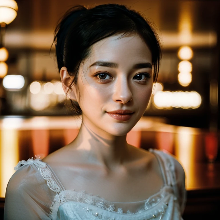 a Close-up portrait of gorgeous smiling cute Japanese woman in a glamorous lacy dress outfit, delicate facial features, porcelain-skinned, ponytail, a fusion of young Marion Cotillard's striking eyes and young Anne Hathaway's introspective gaze, long and slender cute face, curved eyebrows, droopy hooded eyes, lower nasal bridge, slim wavy nose, smiling, thin lips, short pixie cut hair, silhouette, bokeh, lobby bar lounge background,