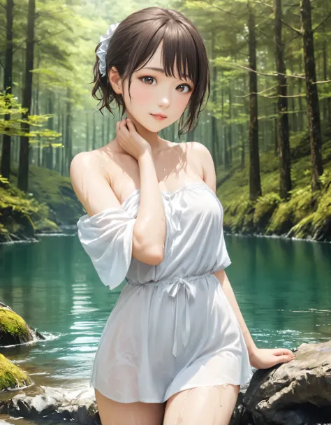 (best quality:1.2), 1girl, beech forest, lake, bathing, cowboy shot