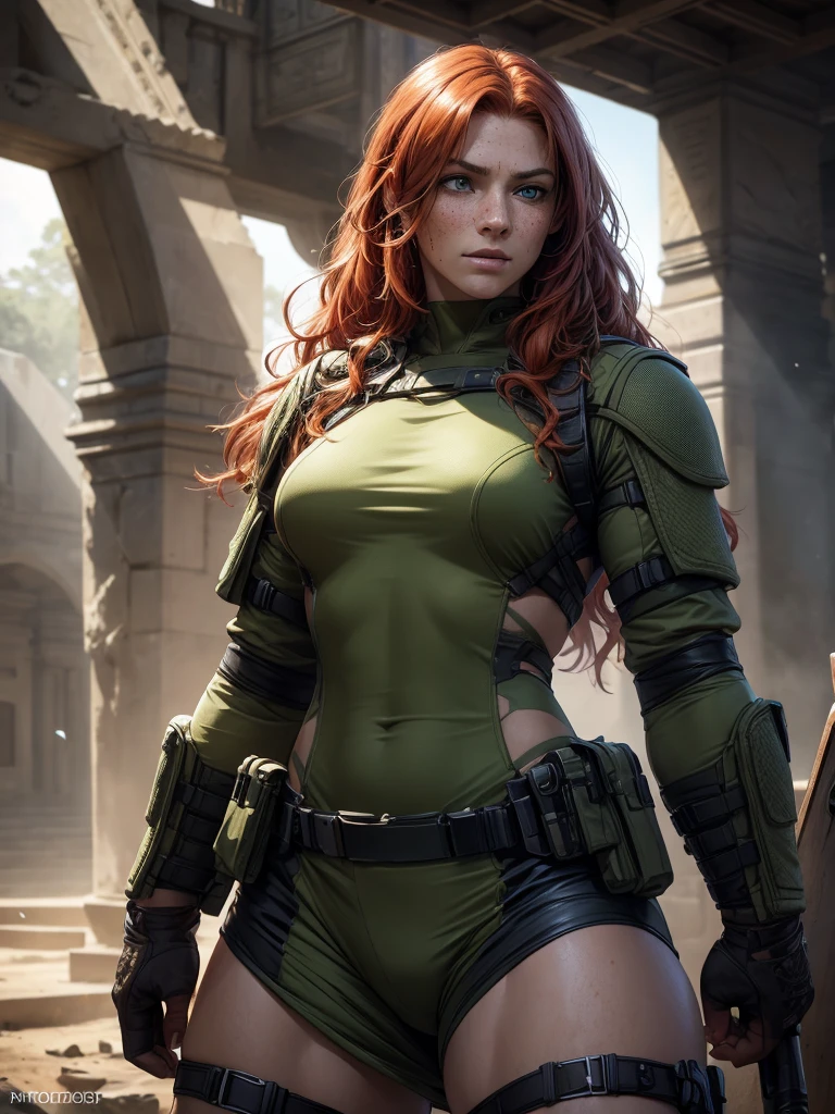 a red-haired girl with pale skin and freckles, long curly light orange hair, emerald green eyes with a sarcastic expression, muscular body wearing modern Brazilian military combat costumes, highly detailed and expressive face, (best quality,4k,8k,highres,masterpiece:1.2),ultra-detailed,(realistic,photorealistic,photo-realistic:1.37),portrait,concept art,dramatic lighting,vivid colors,intricate details, (Avoid deformed and poorly drawn eyes)