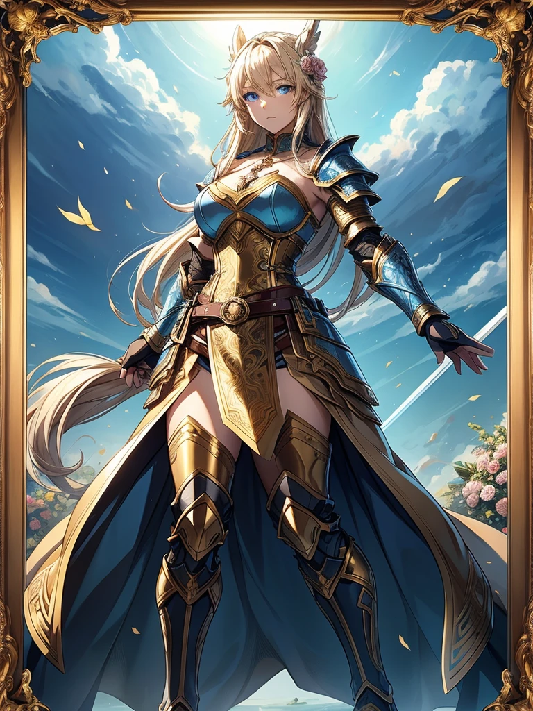 A full-body portrait of a young woman in anime style, with long, light blonde hair, framed by a white mantle adorned with golden details. She has intense blue eyes and wears a form-fitting blue armor with intricate engravings of leaves and flowers, and golden metal pieces covering her shoulders and arms. A dark brown leather belt with metallic buckles secures her armor at the waist. She wears brown leather boots, standing in a dynamic action pose. A cross-shaped pendant adorns her chest. The background features a blue sky with fluffy clouds, highlighting her majestic and noble appearance, visible from head to toe.