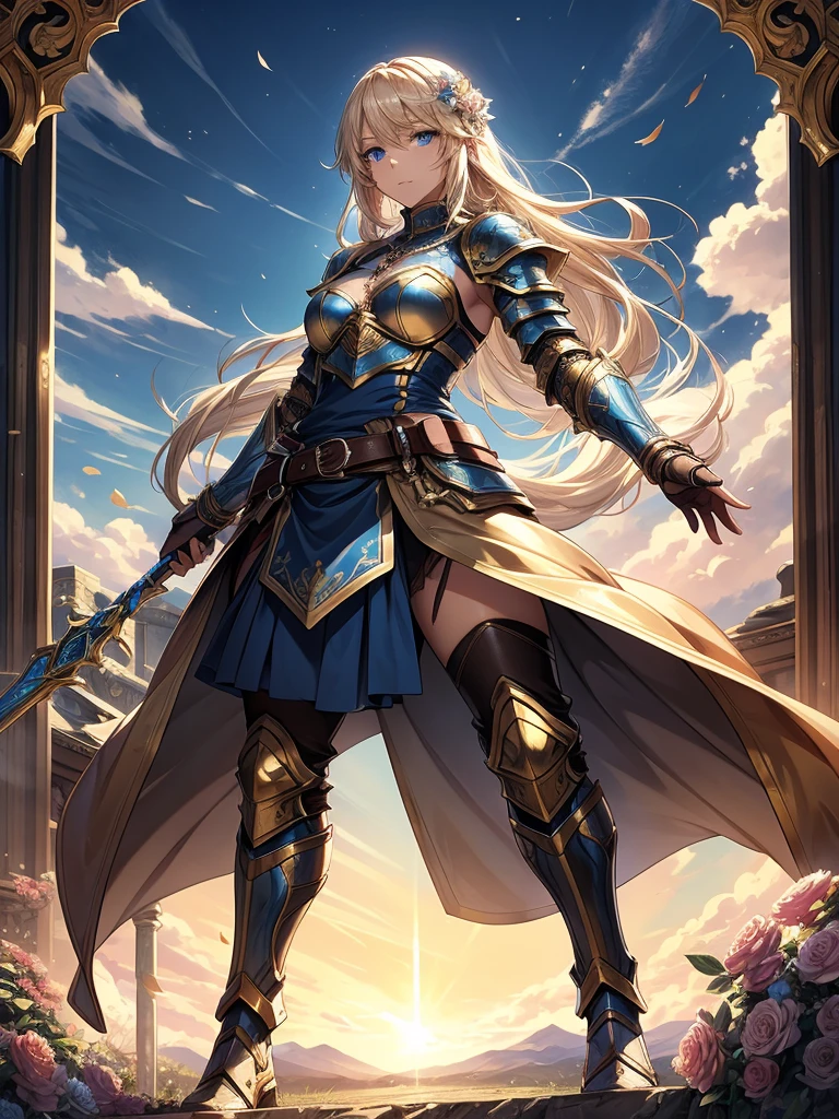 A full-body portrait of a young woman in anime style, with long, light blonde hair, framed by a white mantle adorned with golden details. She has intense blue eyes and wears a form-fitting blue armor with intricate engravings of leaves and flowers, and golden metal pieces covering her shoulders and arms. A dark brown leather belt with metallic buckles secures her armor at the waist. She wears brown leather boots, standing in a dynamic action pose. A cross-shaped pendant adorns her chest. The background features a blue sky with fluffy clouds, highlighting her majestic and noble appearance, visible from head to toe.