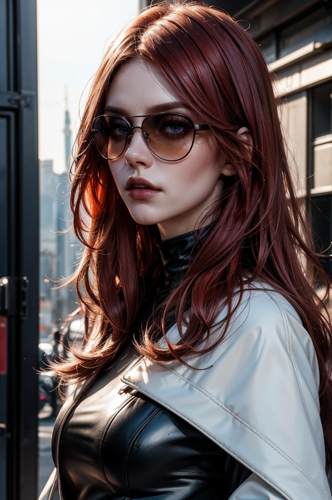 a beautiful young woman with long red hair, lora_Emma, wearing a tight black latex two piece suit, a white fur coat, and sunglasses, standing outside,(best quality,4k,8k,highres,masterpiece:1.2),ultra-detailed,(realistic,photorealistic,photo-realistic:1.37),detailed face, detailed eyes, detailed lips, long eyelashes, beauty, fashion, portrait, glamorous, elegant, studio lighting, dramatic lighting, high contrast, vivid colors, cinematic,xuer white fur coat