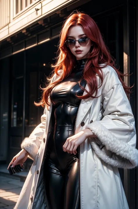 a beautiful young woman with long red hair, lora_emma, wearing a tight black latex two piece suit, a white fur coat, and sunglas...