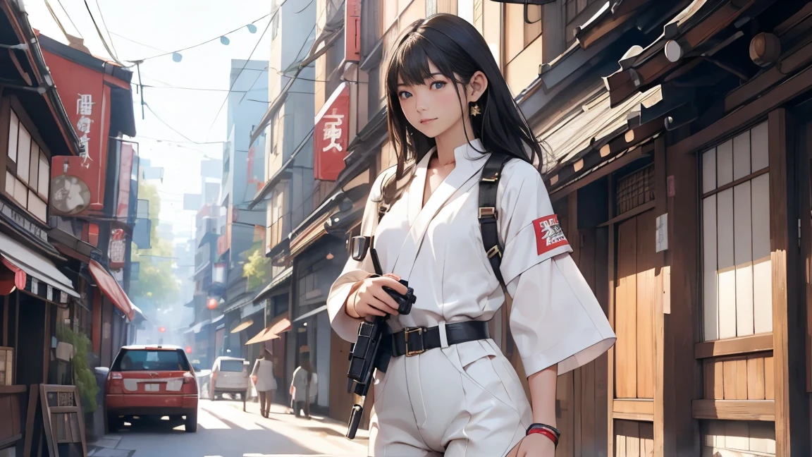 high resolution、High definition、High sensitivity、8k.Japanese、、1、cute、Idol face、Two Side Up Hair、slender、Mid-chest、(black and white high leg bodysuit:1.2)、See-through、Harness Belt、Gun Holder、（POLICE armband:1.3)、Vibrant、（Hold a gun、Firing：1.3）、bustling street、