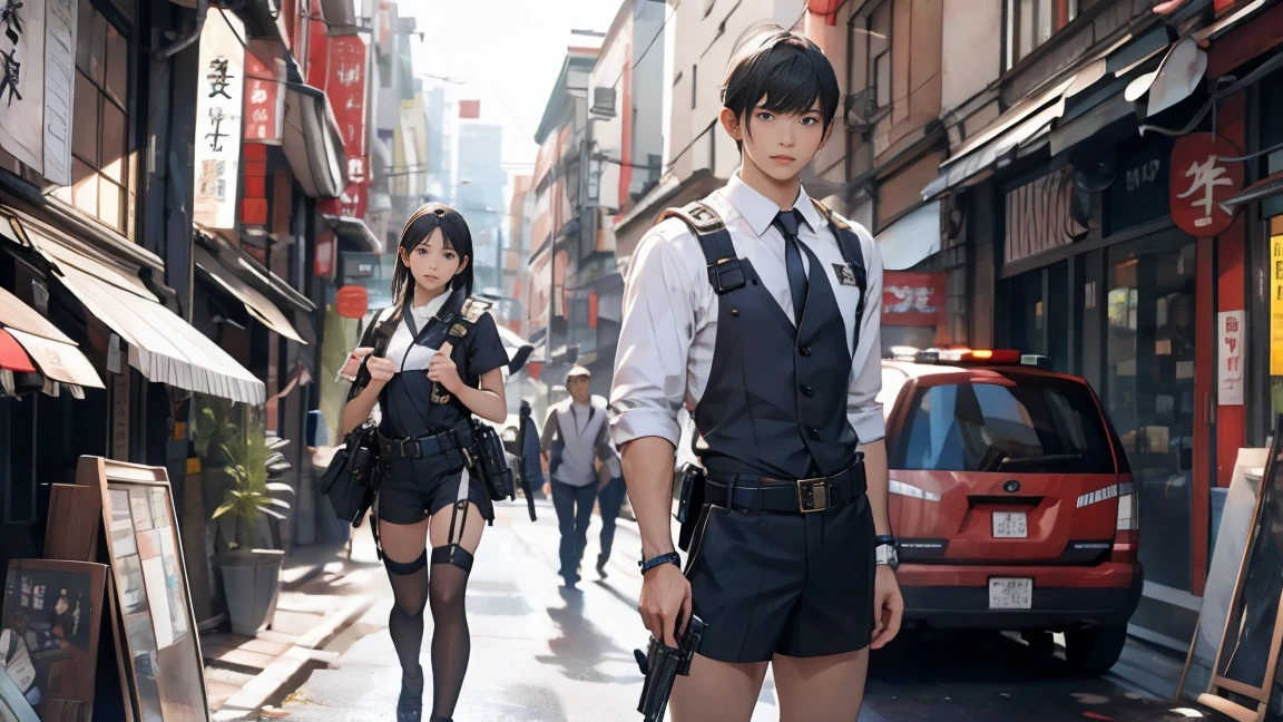 high resolution、High definition、High sensitivity、8k.Japanese、、1、cute、Idol face、Two Side Up Hair、slender、Mid-chest、(black and white high leg bodysuit:1.2)、See-through、Harness Belt、Gun Holder、（POLICE armband:1.3)、Vibrant、（Hold a gun、Firing：1.3）、bustling street、