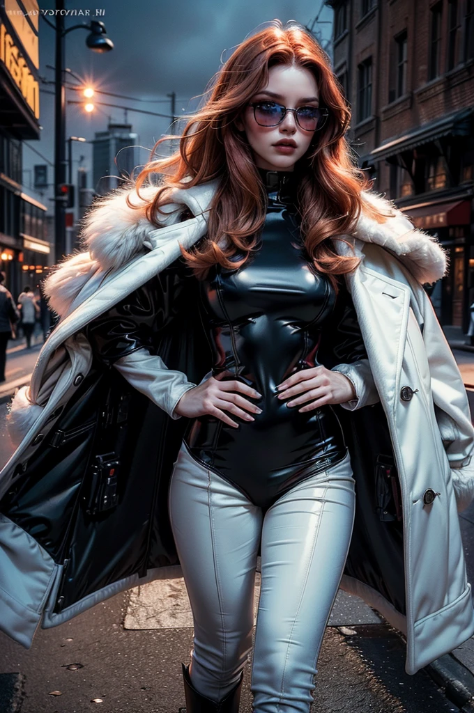 a beautiful young woman with long red hair, lora_Emma, wearing a tight black latex two piece suit, a white fur coat, and sunglasses, standing outside,(best quality,4k,8k,highres,masterpiece:1.2),ultra-detailed,(realistic,photorealistic,photo-realistic:1.37),detailed face, detailed eyes, detailed lips, long eyelashes, beauty, fashion, portrait, glamorous, elegant, studio lighting, dramatic lighting, high contrast, vivid colors, cinematic,xuer white fur coat, coat on shoulders