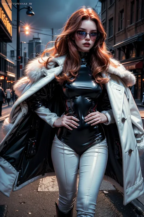 a beautiful young woman with long red hair, lora_emma, wearing a tight black latex two piece suit, a white fur coat, and sunglas...