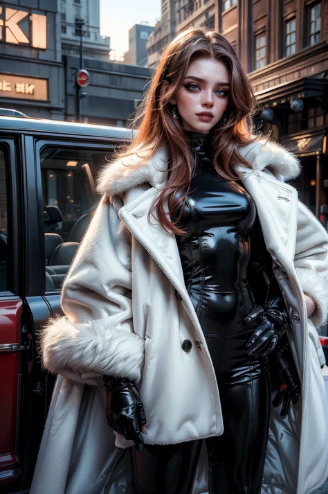 a beautiful young woman with long red hair, lora_emma, wearing a tight black latex two piece suit, a white fur coat, and sunglas...