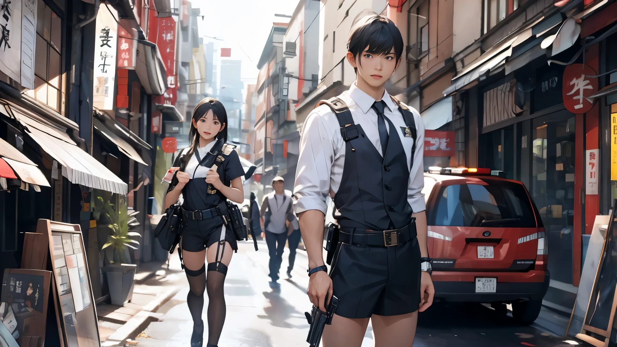 high resolution、High definition、High sensitivity、8k.Japanese、、1、cute、Idol face、Two Side Up Hair、slender、Mid-chest、(black and white high leg bodysuit:1.2)、See-through、Harness Belt、Gun Holder、（POLICE armband:1.3)、Vibrant、（Hold a gun、Firing：1.3）、bustling street、