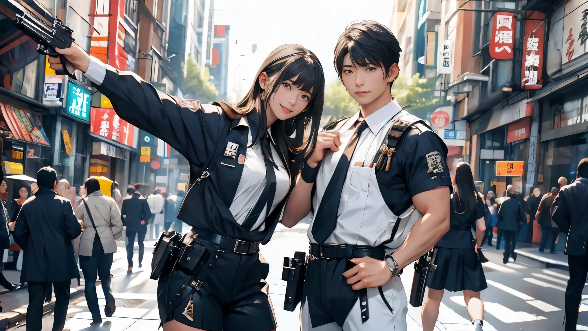 high resolution、High definition、High sensitivity、8k.Japanese、、1、cute、Idol face、Two Side Up Hair、slender、Mid-chest、(black and white high leg bodysuit:1.2)、See-through、Harness Belt、Gun Holder、（POLICE armband:1.3)、Vibrant、（Hold a gun、Firing：1.3）、bustling street、