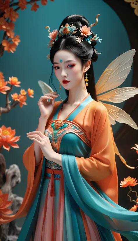 three-dimensional ancient style，vibrant chinese aesthetics，elegant ancient chinese fairy，chang&#39;e，mooncake in hand，moon rabbi...