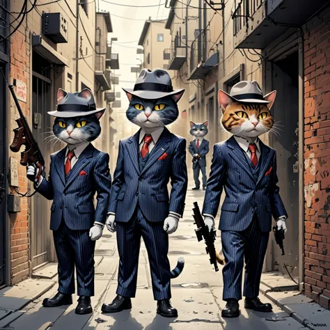 three cartoon cats wearing striped suits and fedoras in an alleyway with machine guns, tmmygn, cartoon, mafia, mobsters,